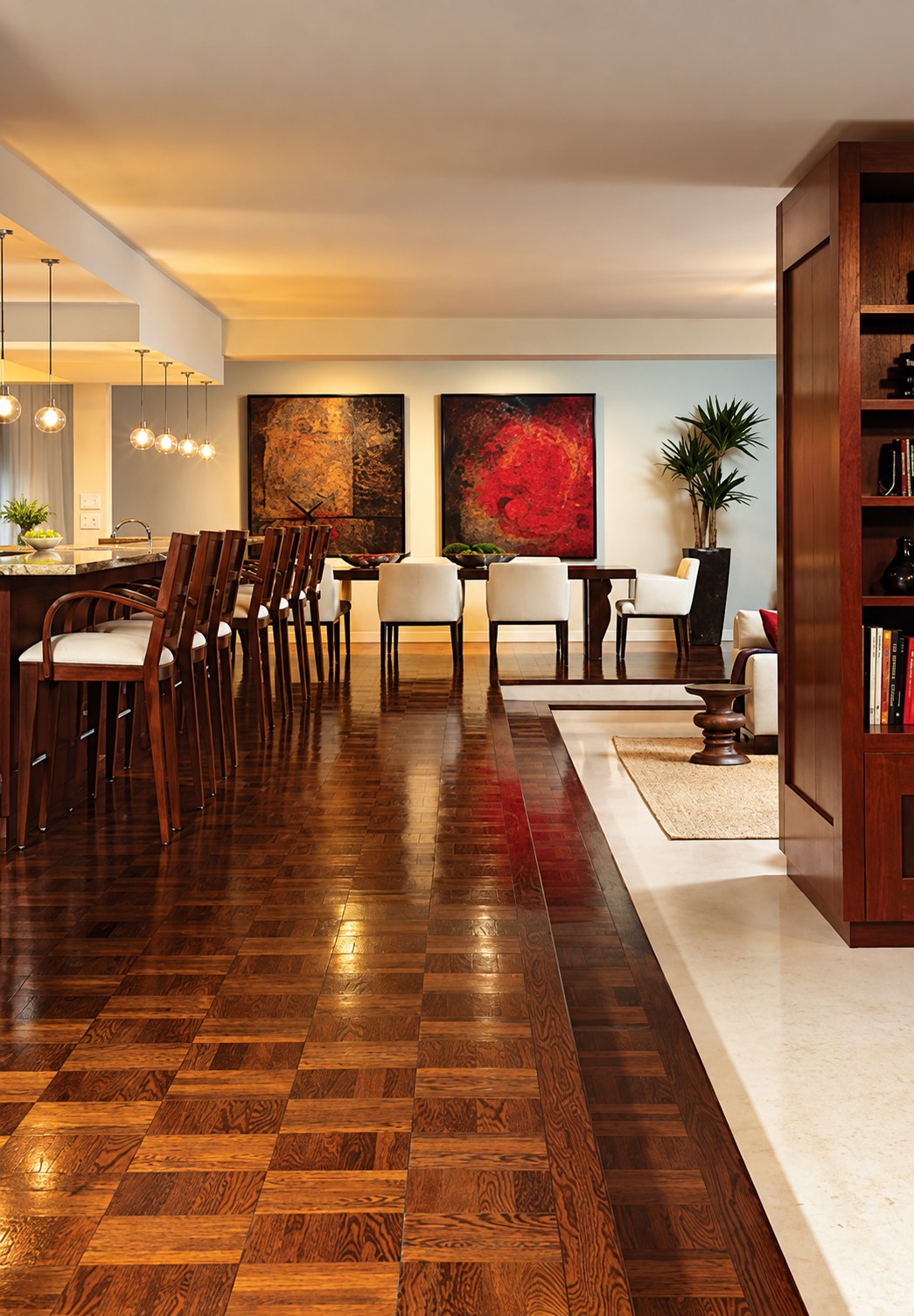 Dining room above a parquet floor
