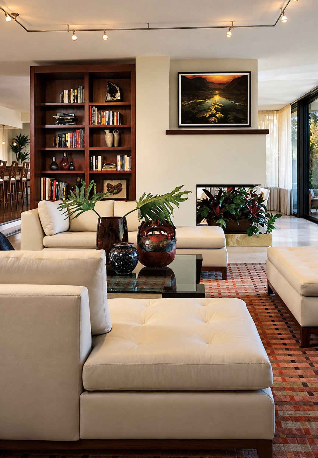 Living room with a long low sofa