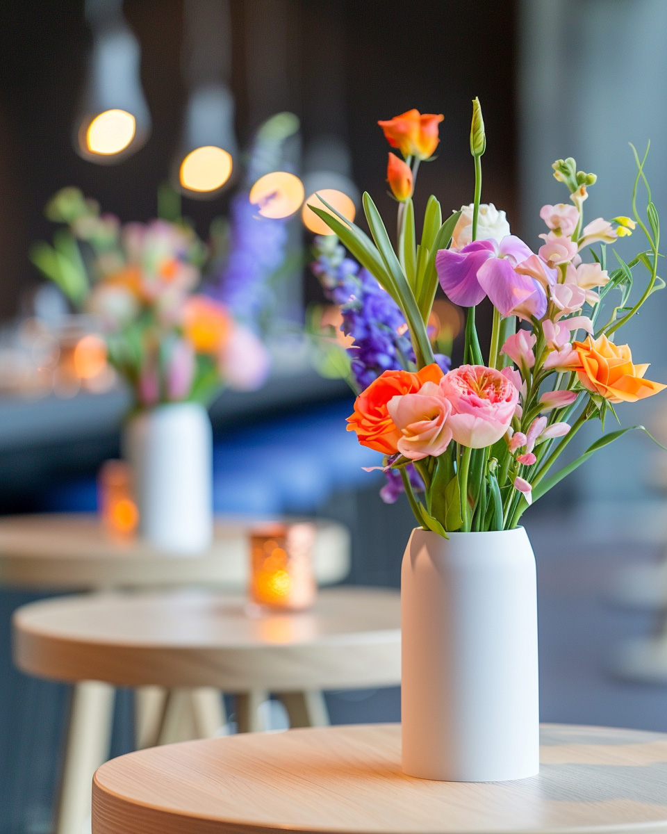 Flowers arranged for a corporate event in a workspace