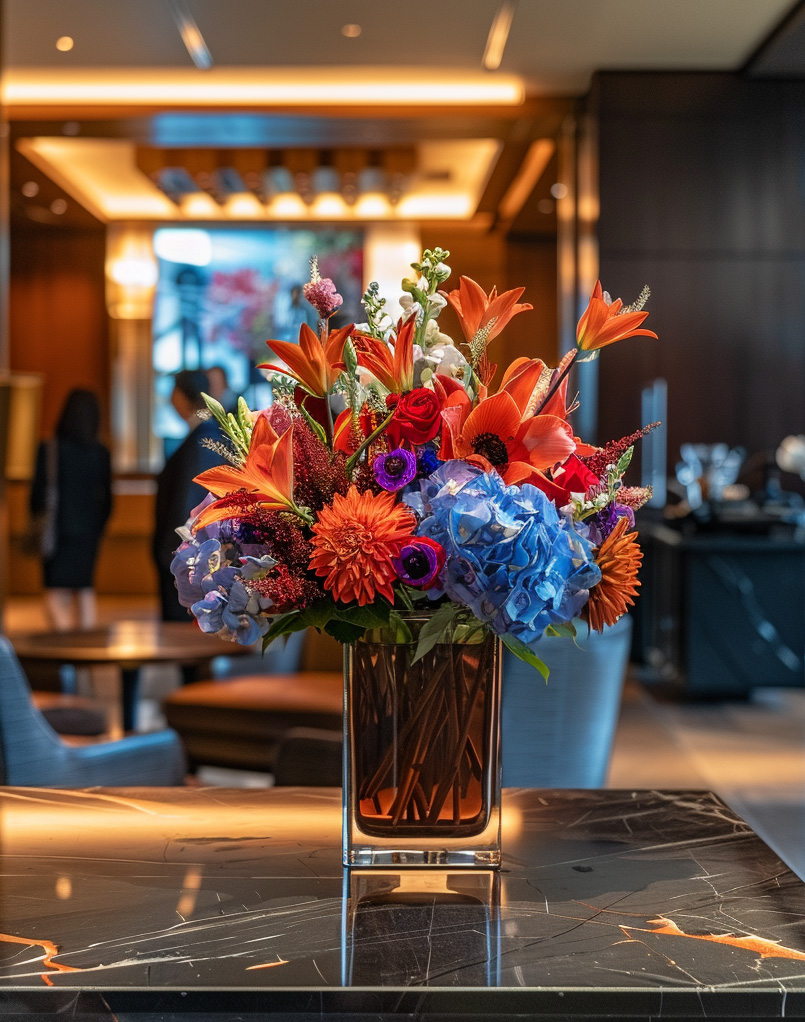 Floral arrangement styled for a corporate event space