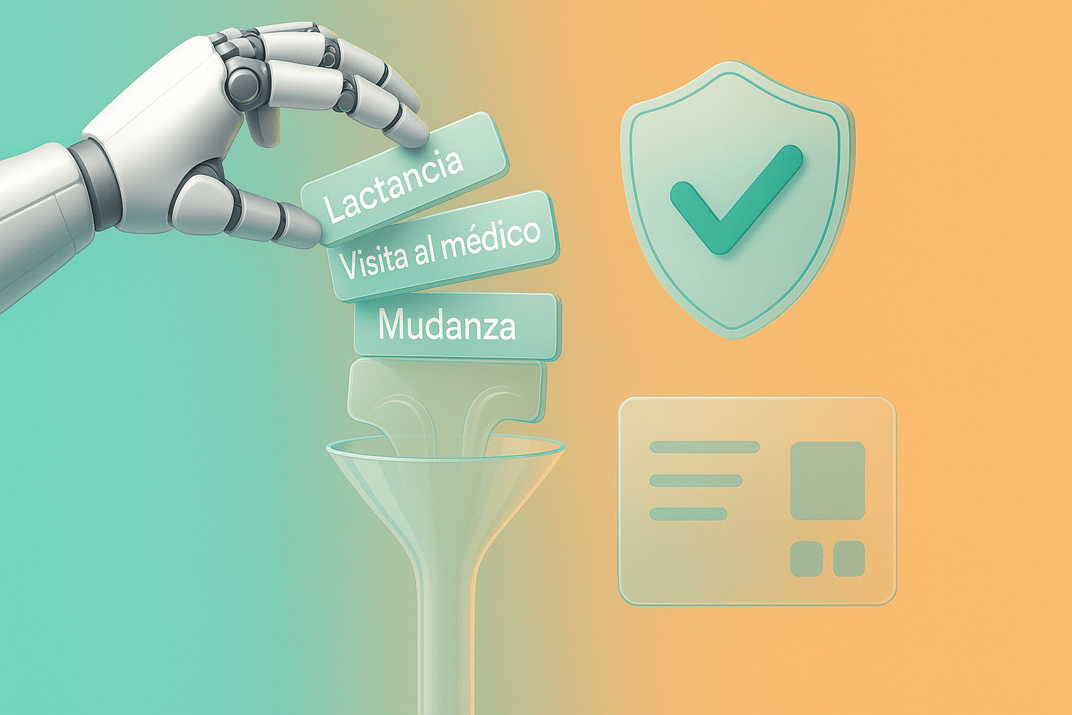 Robotic hand lifting a clogging blockage of permission cards from a bottleneck funnel, freeing up the flow, glass dashboard below, shield with checkmark in the backdrop, futuristic and clean with brand gradient teal-orange, ultra-minimal, 16:9.
