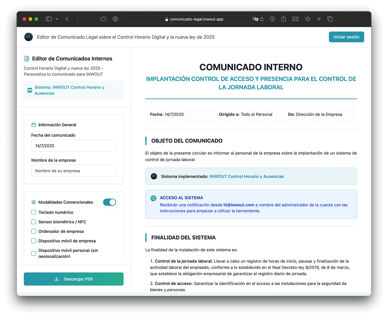 Comunicado legal Control Horario