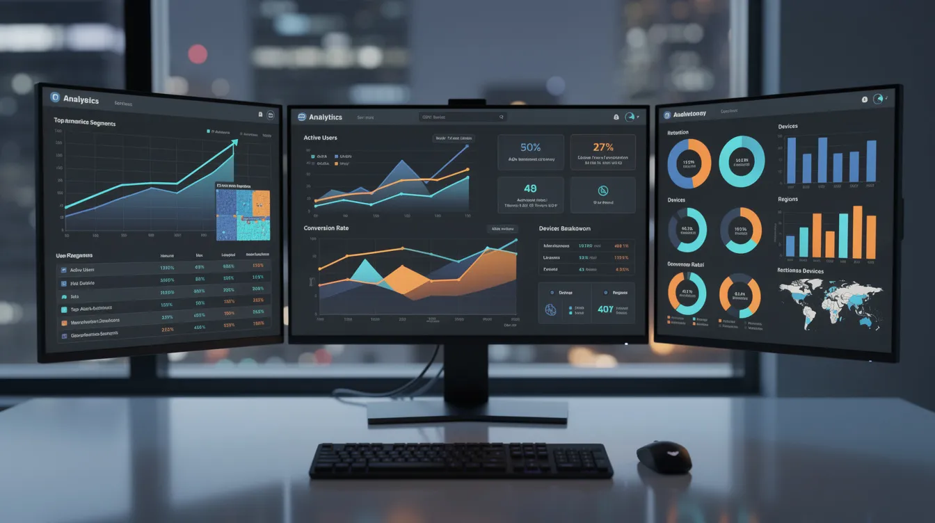 The image depicts a business analytics dashboard with multiple screens showcasing various charts and user metrics, highlighting key performance indicators related to customer acquisition and retention. This visual representation emphasizes the importance of a product led growth strategy in understanding customer behavior and enhancing the overall customer journey.
