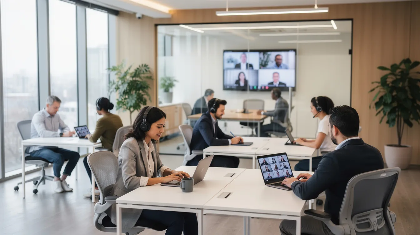 The image depicts a modern office environment where several individuals are engaged in work on their laptops and tablets, with some participating in video calls. This dynamic setting reflects a product led growth strategy, emphasizing collaboration and productivity among team members focused on customer success and efficient business strategies.