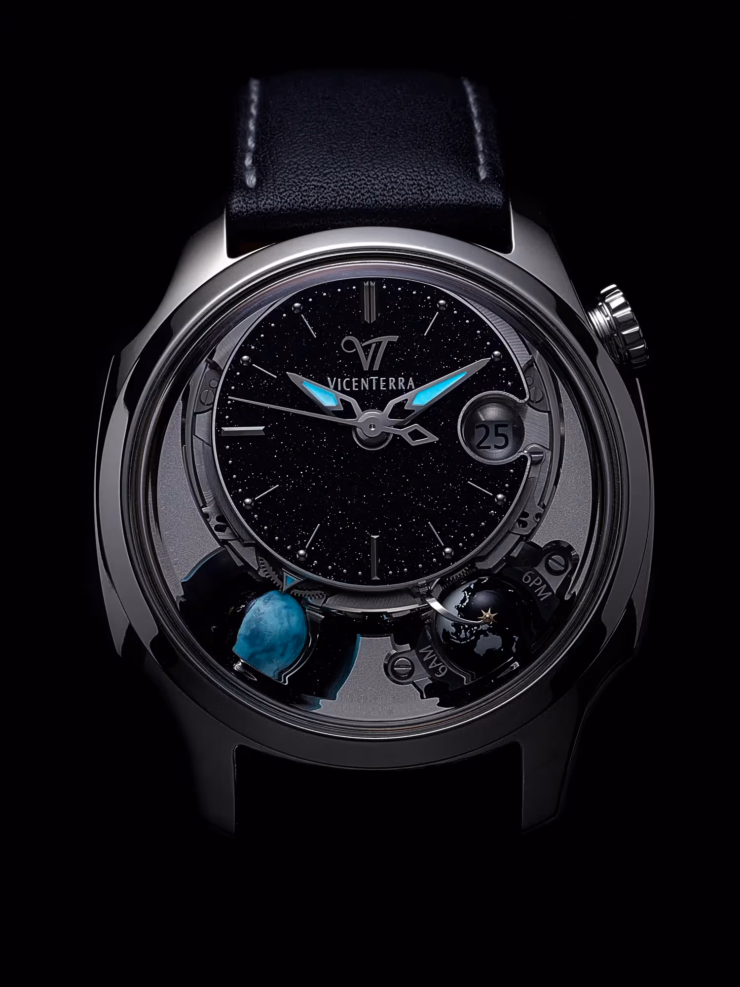 montre astro luna de la marque suisse vicenterra en ambiance nuit