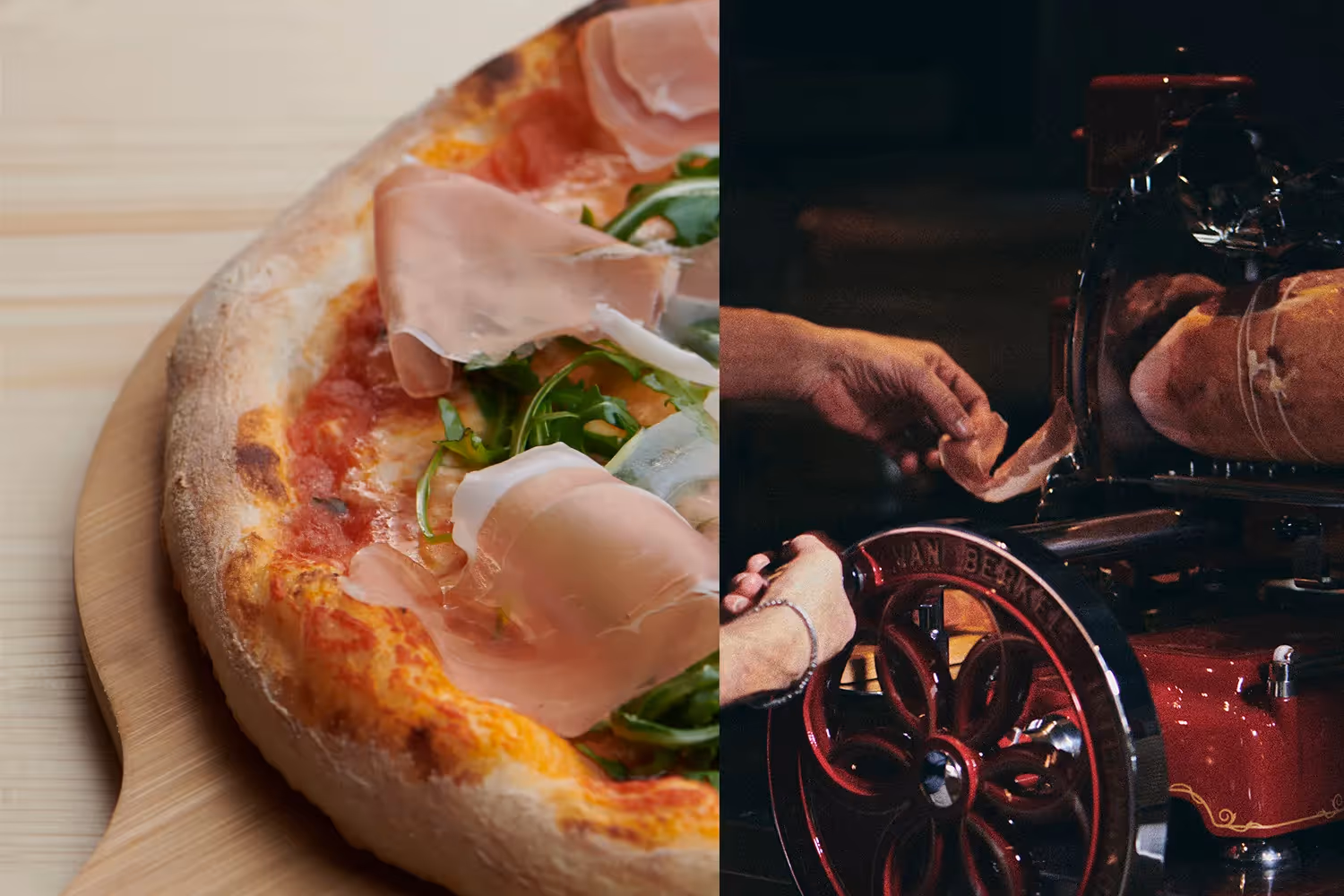 Jambon de Parme tranché avec une Van Berkel servi sur la meilleure des pâtes à Pizza