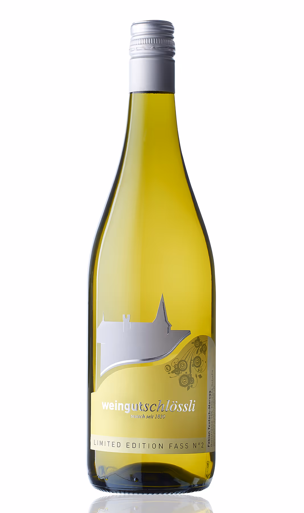 Packshot d'une bouteille de vin blanc du domaine Weingutschlöessli à Bienne en Suisse