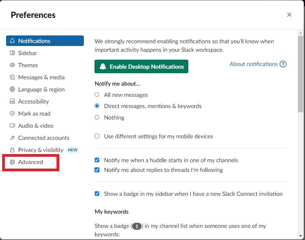 Slack Preferences Window