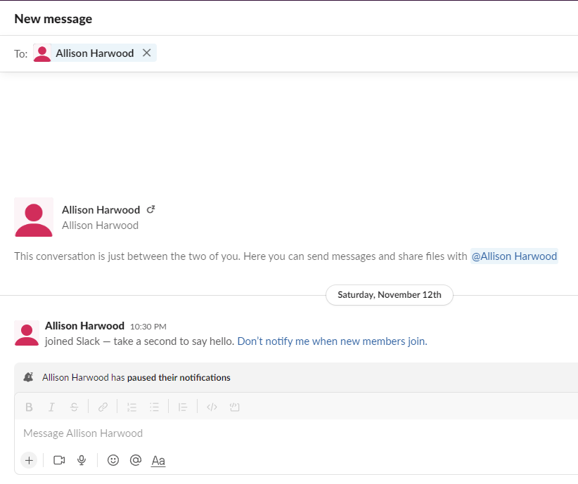 Slack creates a direct chat message with you and Allison