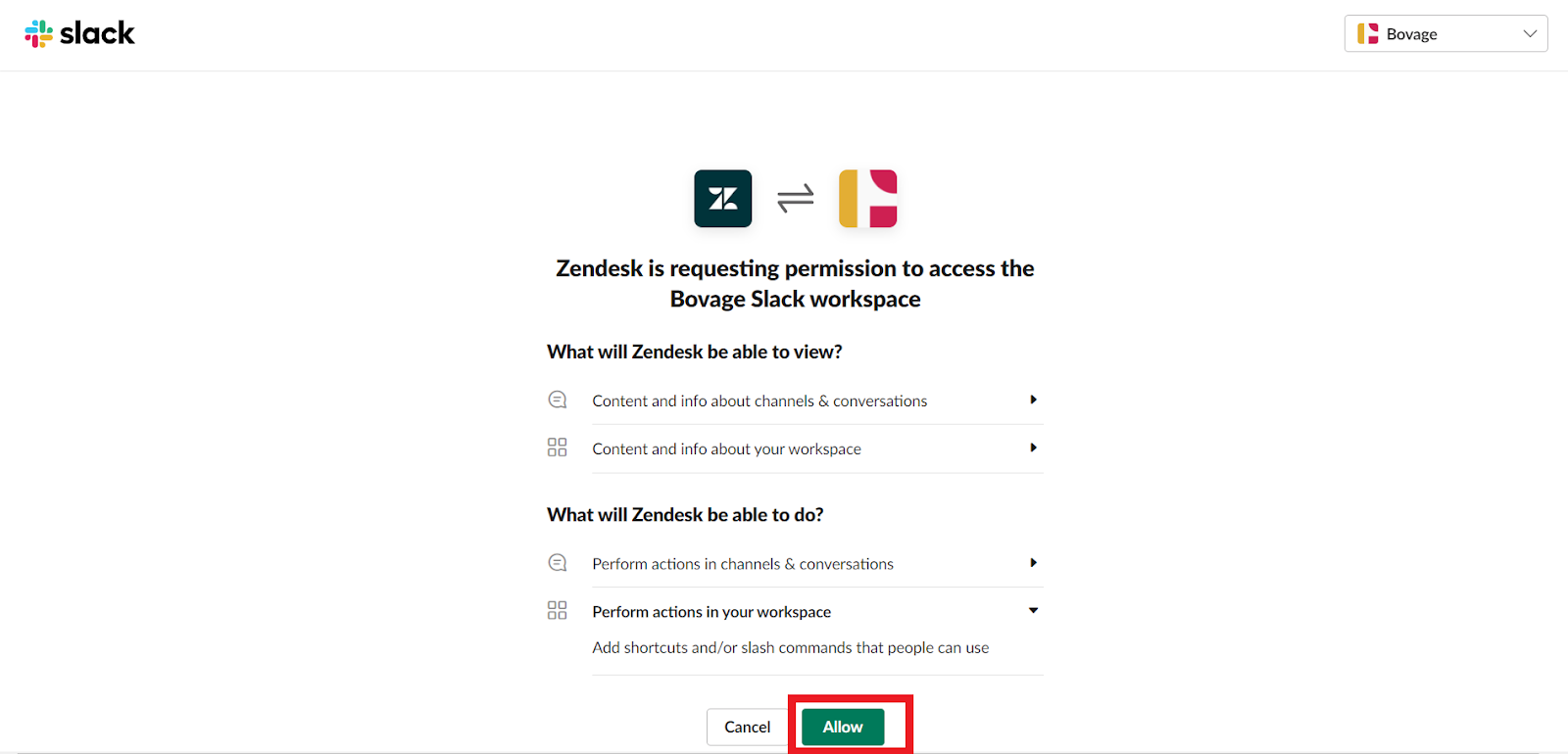 Zendesk OAuth Consent Screen, requesting permission to access a Slack workspace