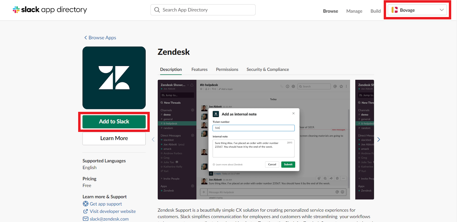 Zendesk App Page on Slack App Directory