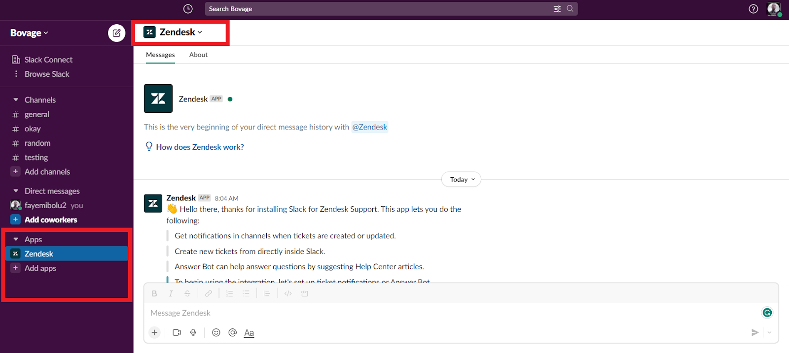 A Slack Workspace showing that the Zendesk app was added successfully