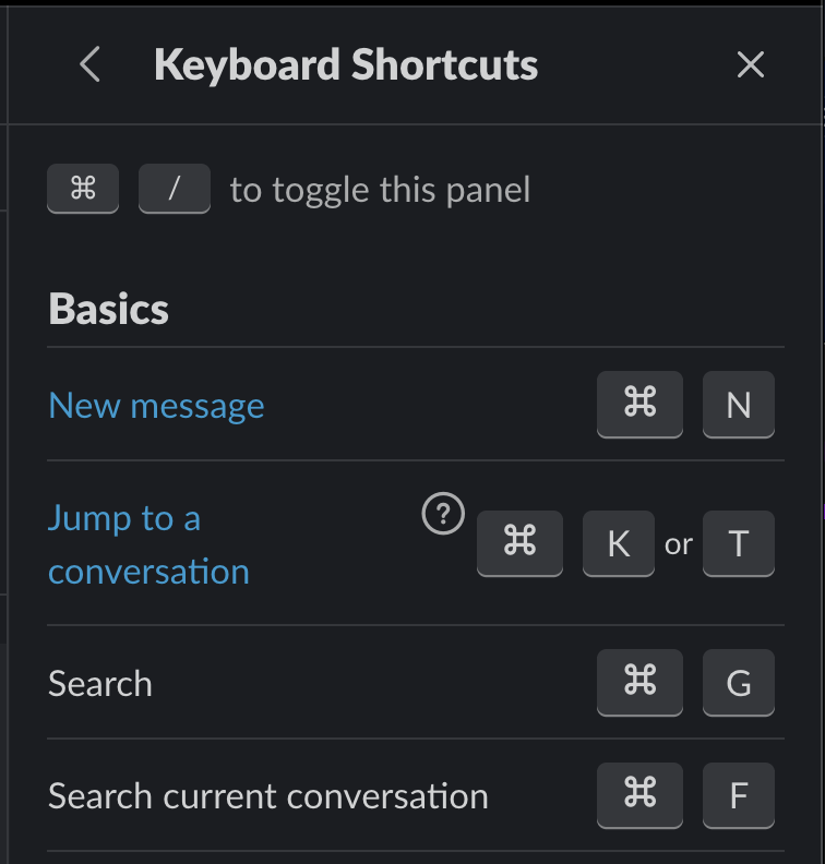 Slack Keyboard Shortcut List