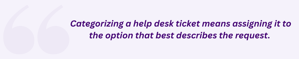 Categorizing a help desk ticket means assigning it to the option that best describes the request. 