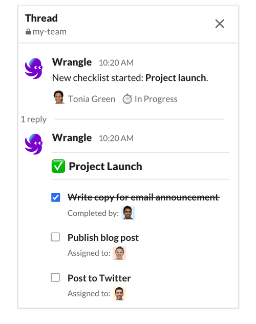 A slack thread screenshot with Wrangle workflow