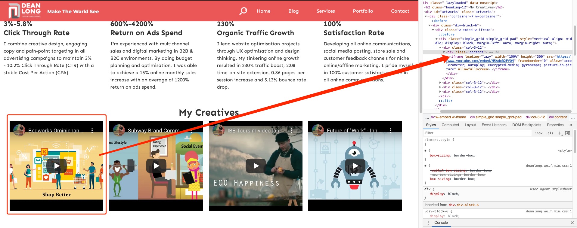 Using <iframe>tag to embed videos on my portfolio page | DEANLONG.io