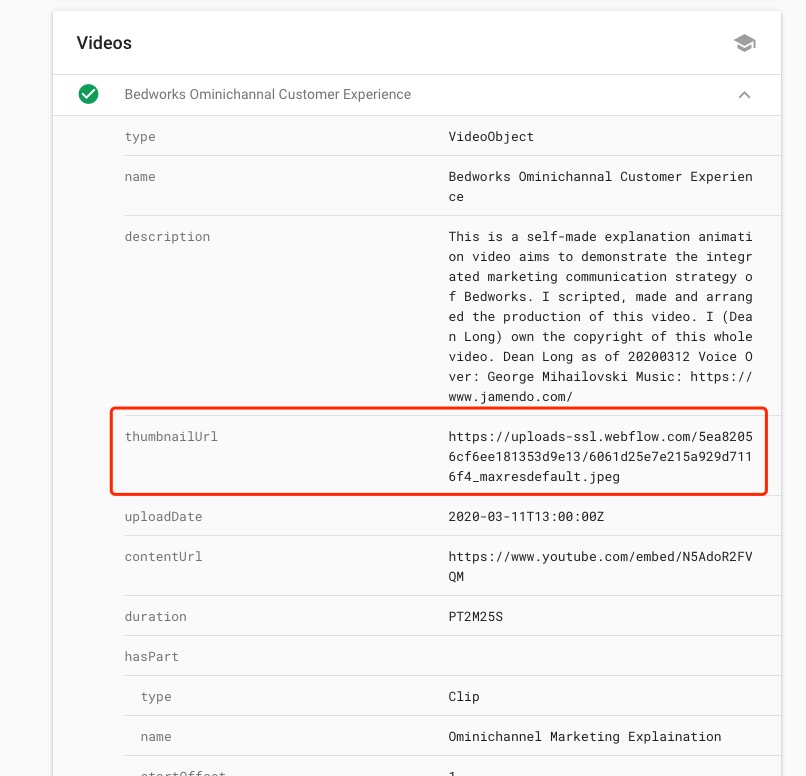 Specify the thumbnailUrl property in my video structured data - Rich Result Test | DEANLONG.IO