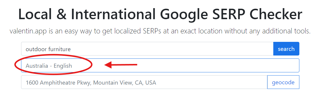 local & international Google SERP Checker language box