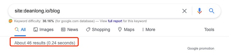using site:deanlong.io/blog search operator to check ow many pages are indexed by Google | DEANLONG.io