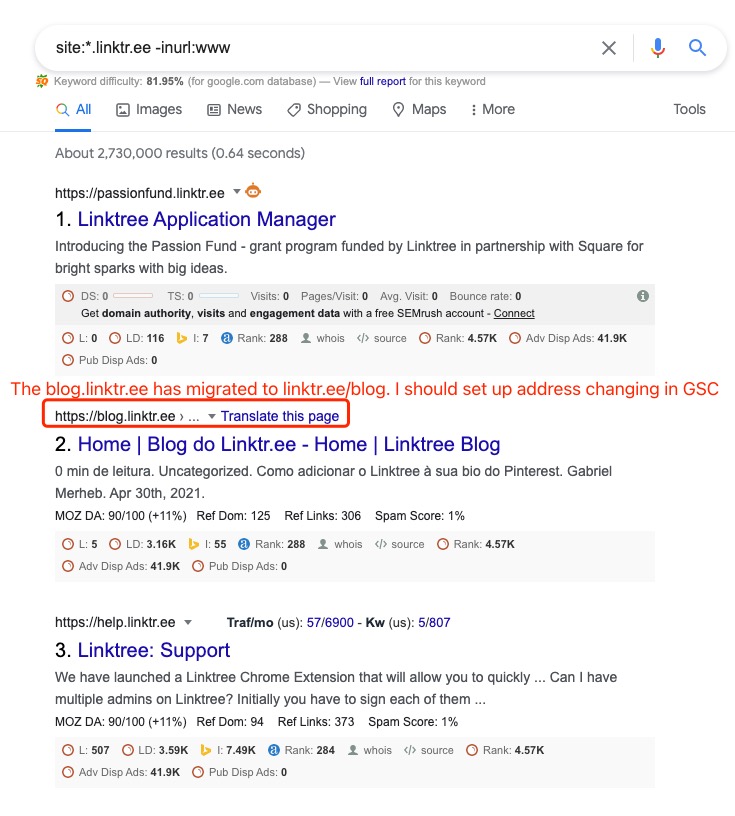 A search result page shows that Google still index Linktree's invalid subdomain | DEANLONG.io