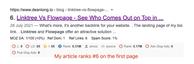 An Google SERP shows DEANLONG.io 's article ranks #6 in Google.com | DEANLONG.io