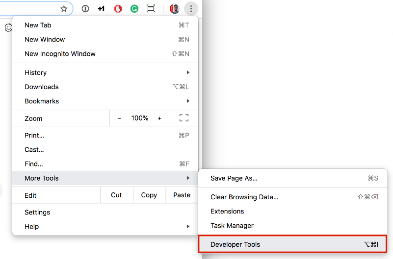 Image of how to open Chrome developer tools via icon on the upper right connor | DEANLONG.io