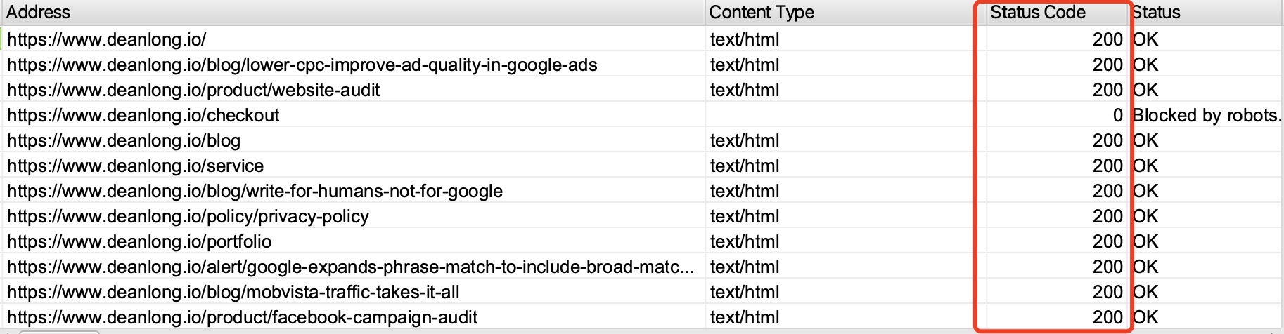 Image of How to find status code in Screaming Frog | DEANLONG.io