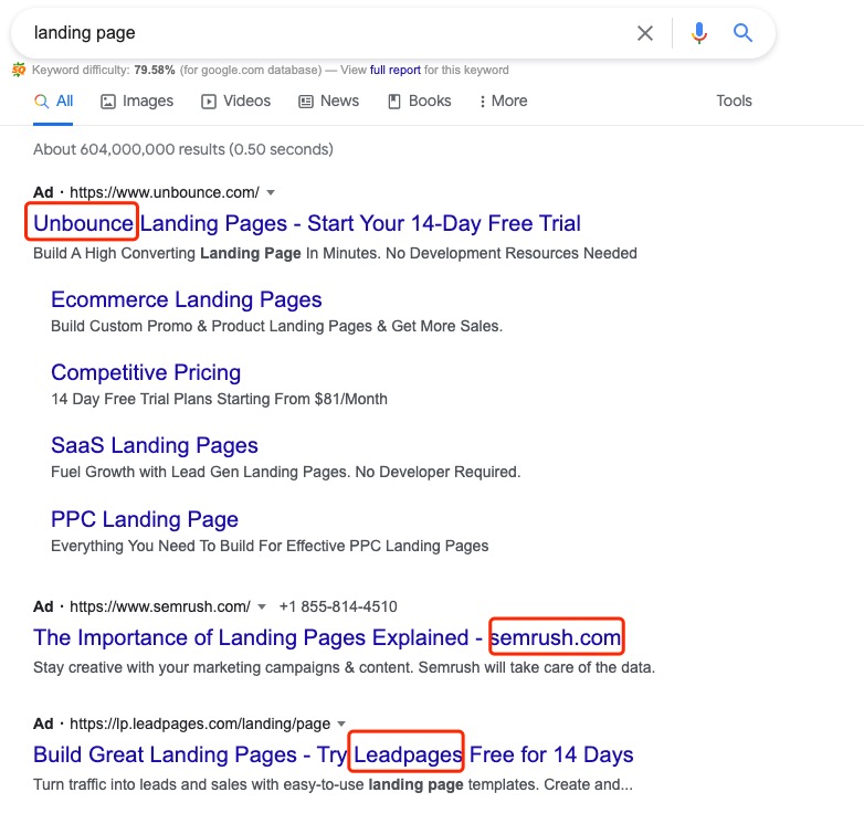 Search Engine Result Page using keyword ""landing page"". All brand names are featured in their search ads. | DEANLONG.io