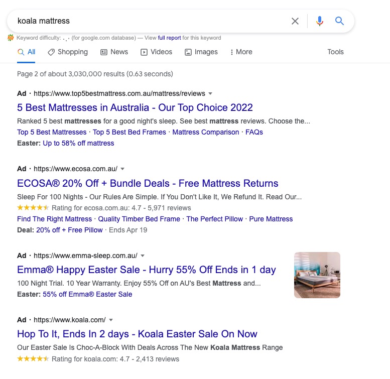 Google Ads Search Result Page Searching "Koala Mattress"