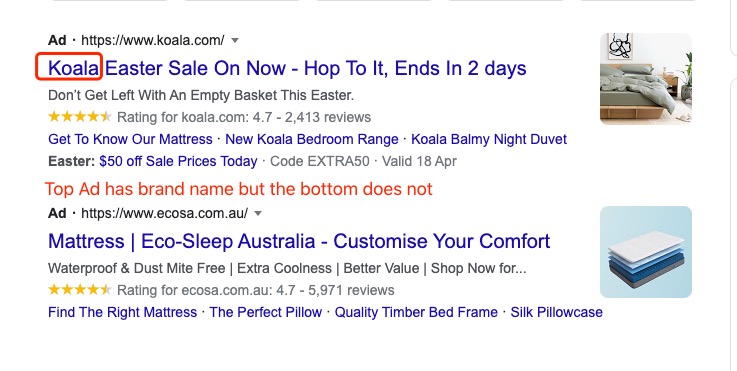 Ad results using keyword "mattress", Koala search ad at the top and Ecosa search ad at the bottom | DEANLONG.io
