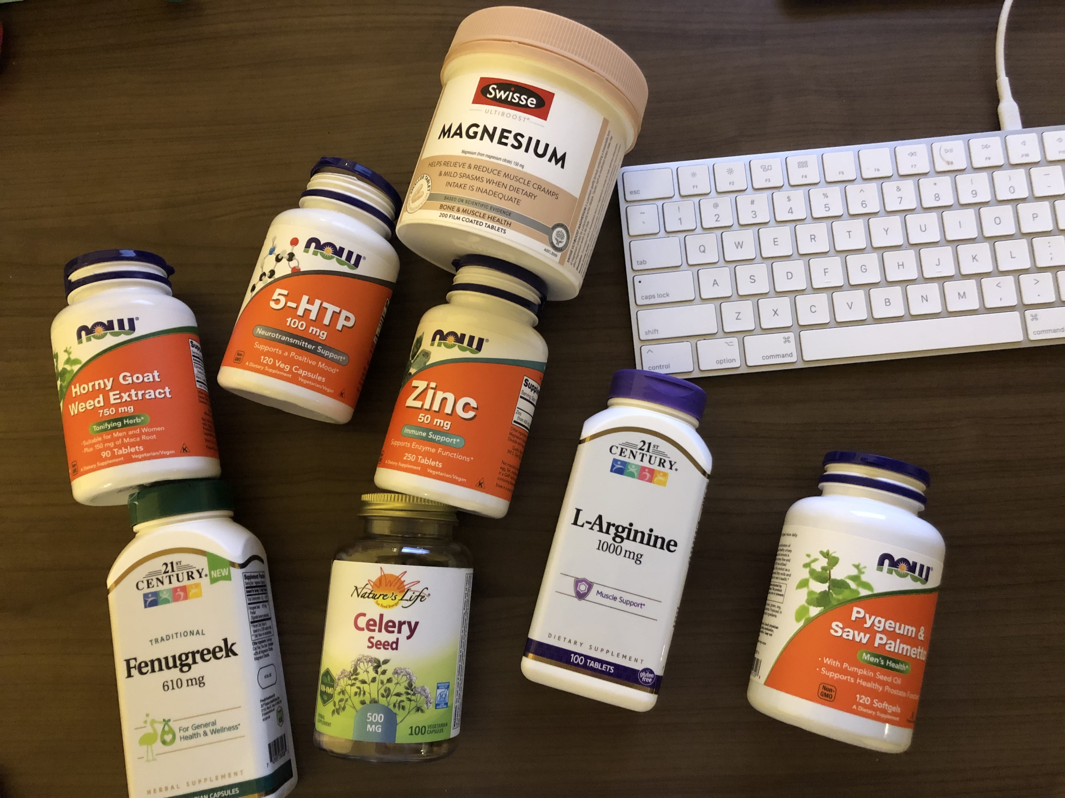 Herb supplements include Horny Goat Weed, 5HTP, Magnesium, Zine, Fenugreek, Celery Seed, L-Arginine and Pygeum & Saw Palmetto in Orange, white and pink package