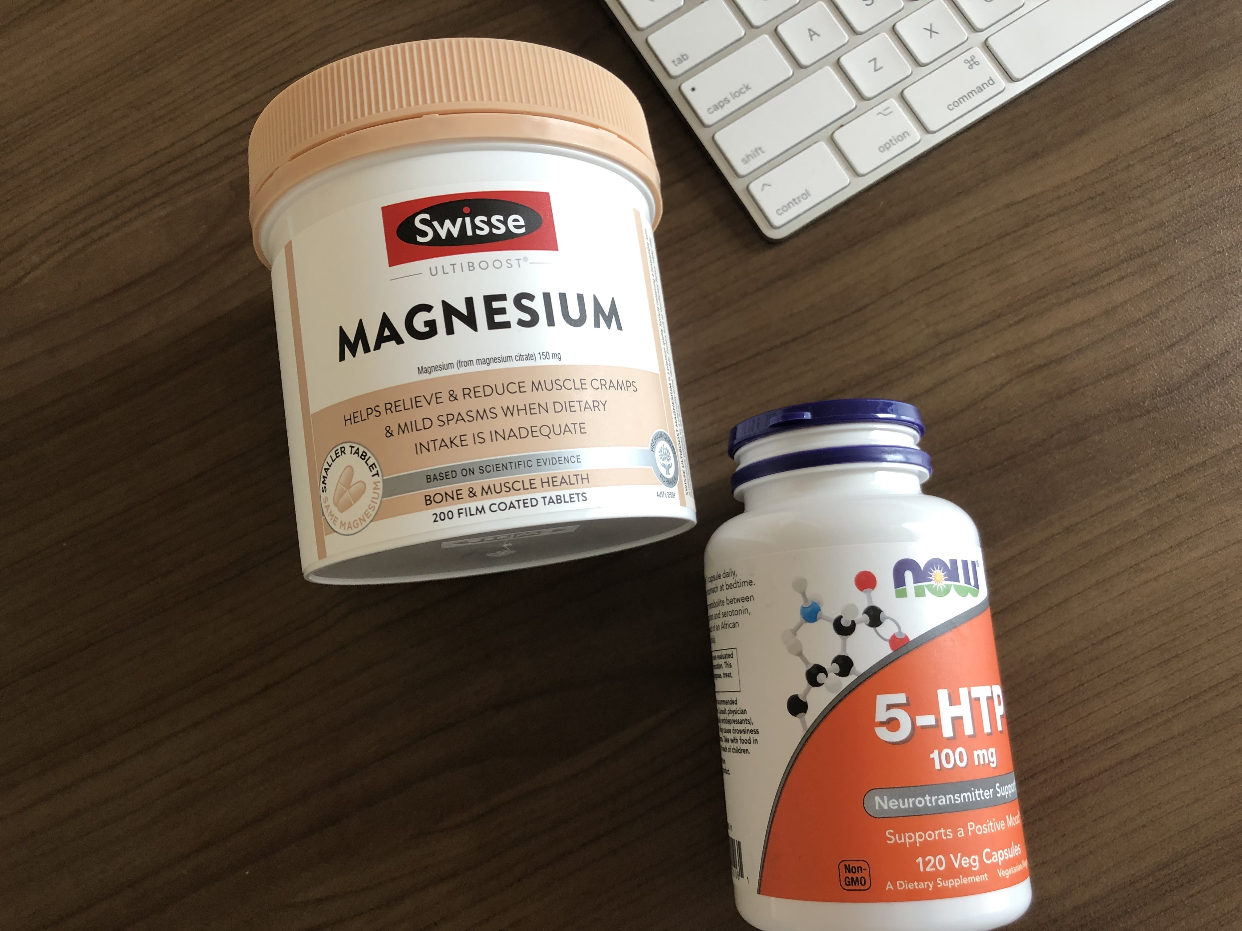 Magnesium, 5-HTP in orange and white packages