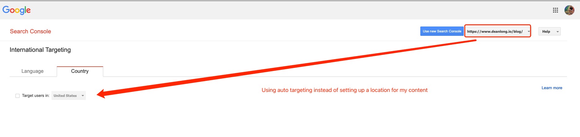 Google International Targeting Report auto setting for Deanlong.io blog post