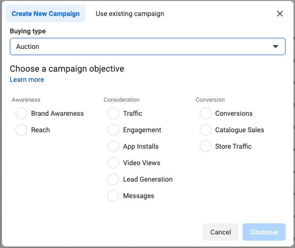 Facebook Advertising Objectives Options