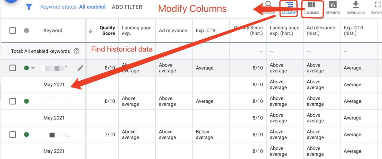 Pull out your quality score report thru Search Campaign > Keywords > Columns > Modify columns > Quality Score | DEANLONG.io