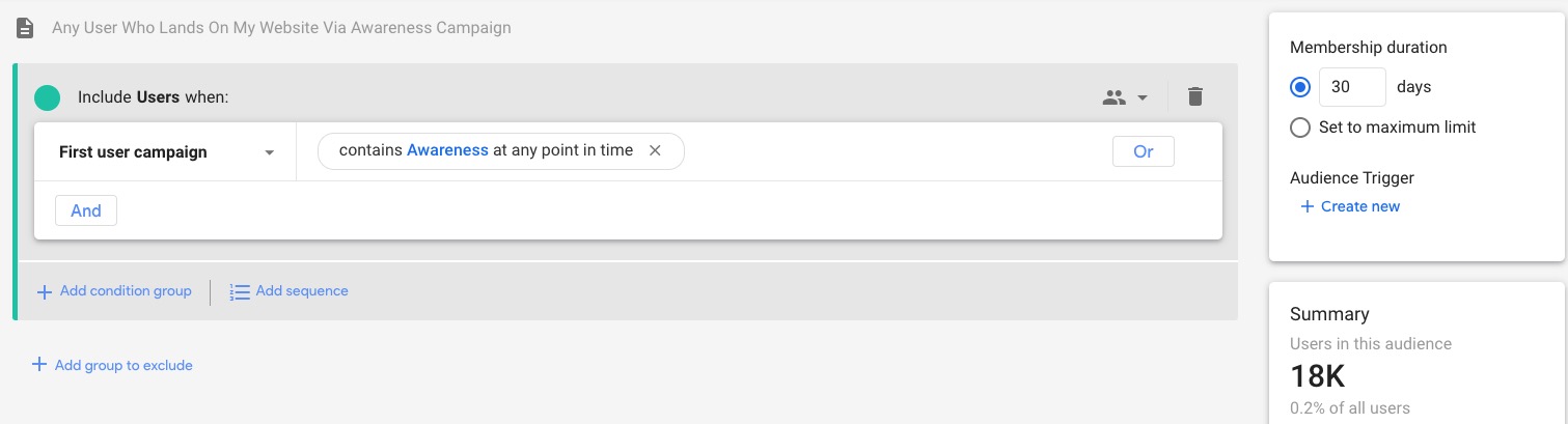 Using GA4 or Universal Analytics to create cross-platform audience list (Awareness Funnel)