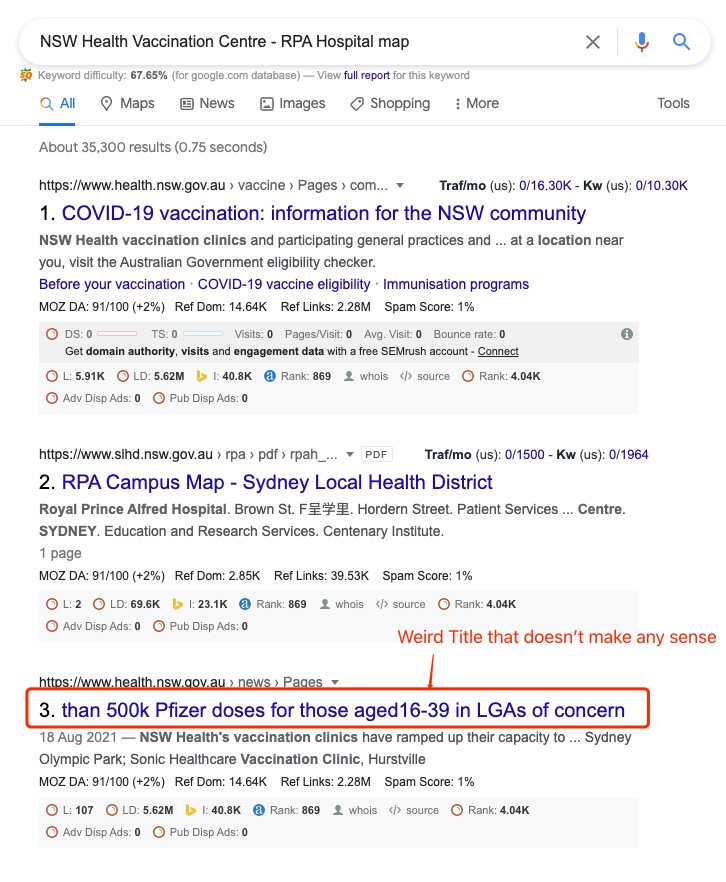 The NSW Health official site shows ”than 500k Pfizer doses for those aged16-39 in LGAs of concern“ as the title | DEANLONG.io
