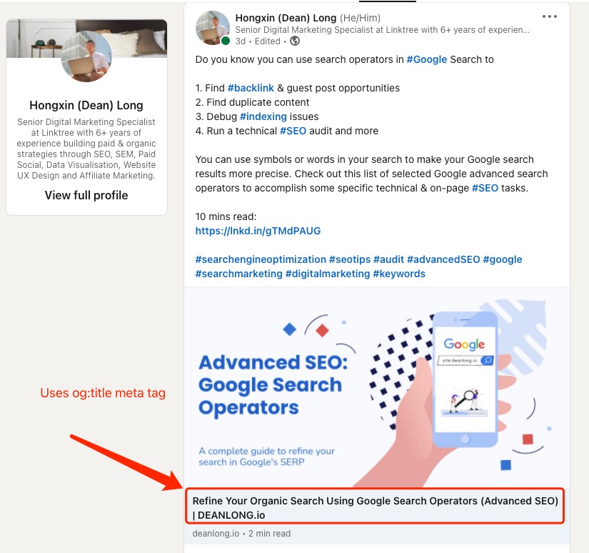 A screenshot from Linkedin to show what a title looks like when sharing article in Linkedin | DEANLONG.io