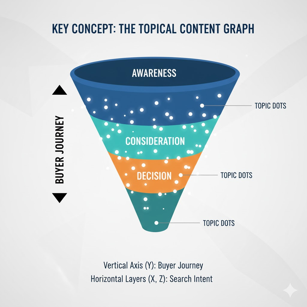 Topical Content Graph (3D Funnel) diagram, a core concept in the DEANLONG.io content strategy. The vertical axis represents the Buyer Journey, flowing from top to bottom (Awareness, Consideration, Decision). The horizontal layers (X, Z axes) represent Search Intent. Individual topics and keywords are visualized as scatter dots on each layer, demonstrating the relationship between user intent, topic depth, and the customer's journey, crucial for advanced content graphic and knowledge graph planning. This visualization helps content creators map out comprehensive clusters and understand query fanout across the entire sales funnel.