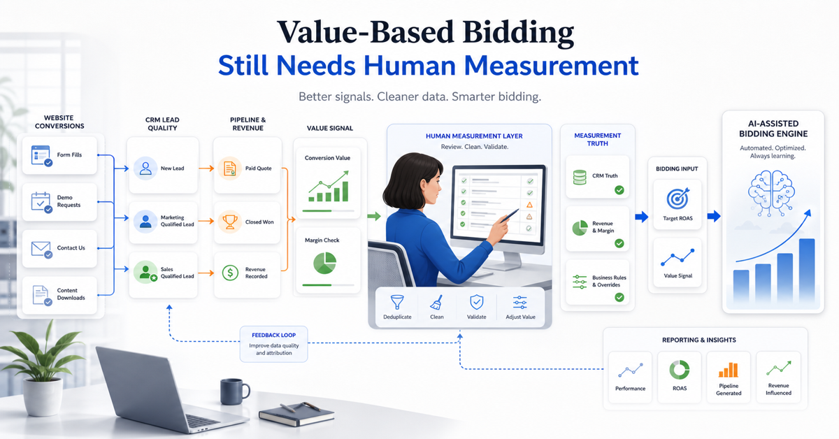 A measurement system showing website conversions, CRM stages, revenue, margin, and Google Ads value-based bidding connected together.