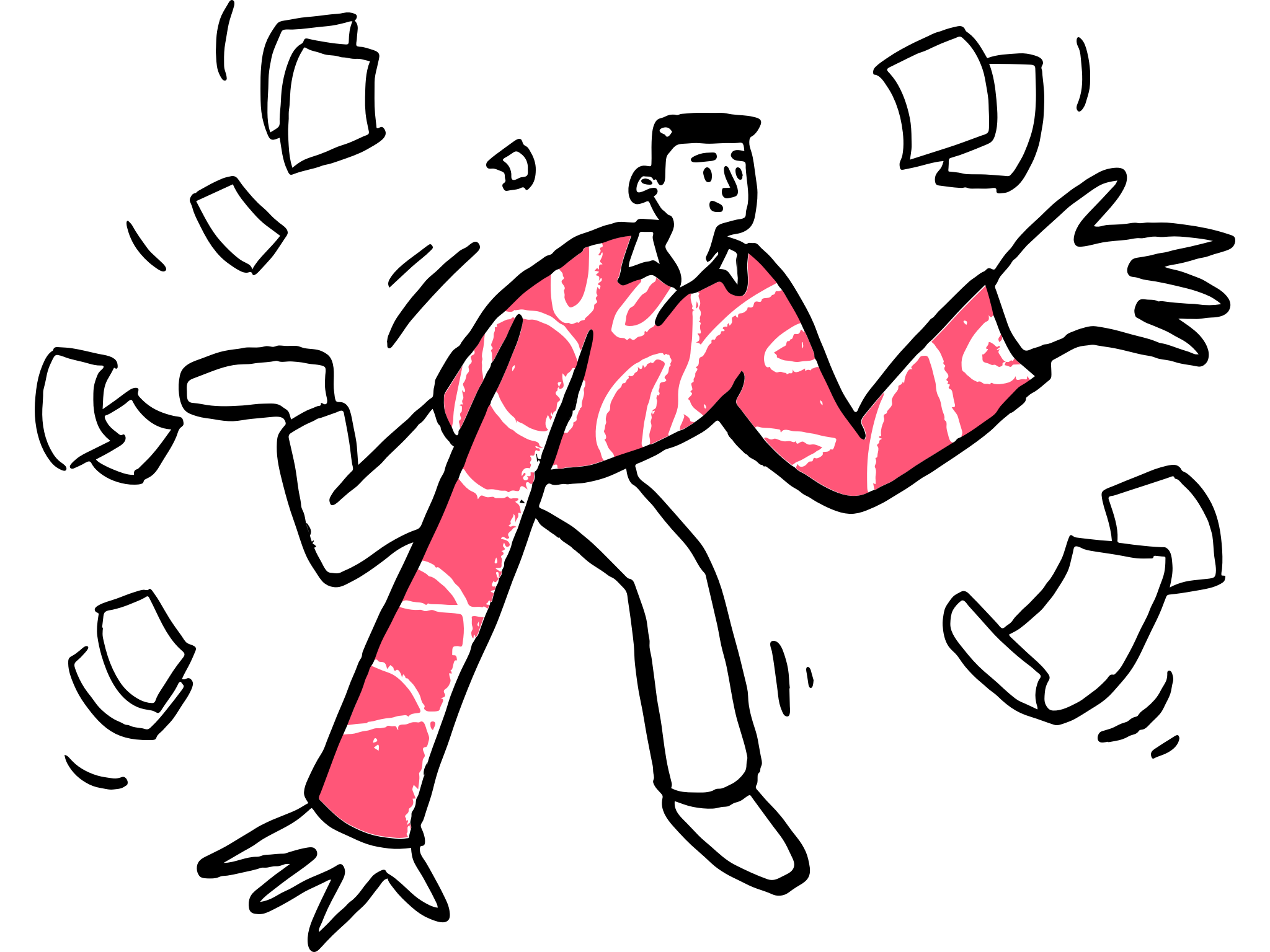 Abstract pink doodle of a person stumbling with an outstretched arm