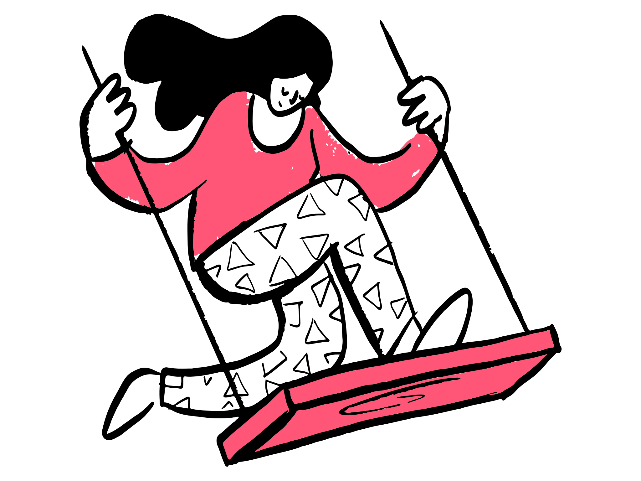 Abstract figure in motion on a swing with a pink seat.