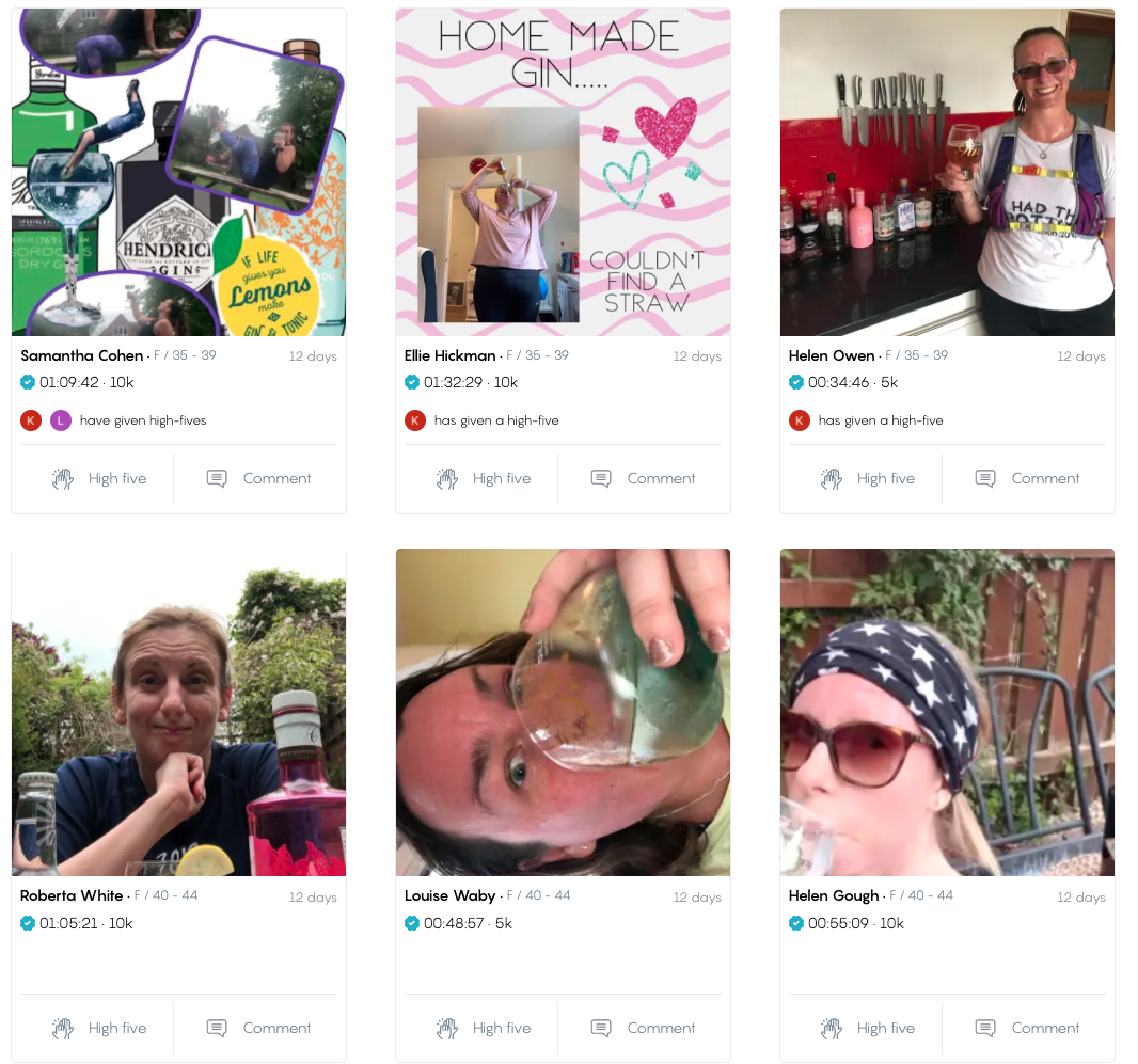 finishers' gallery for the Virtual Gin Run, women in athletic wear posing with glasses of gin and tonic.