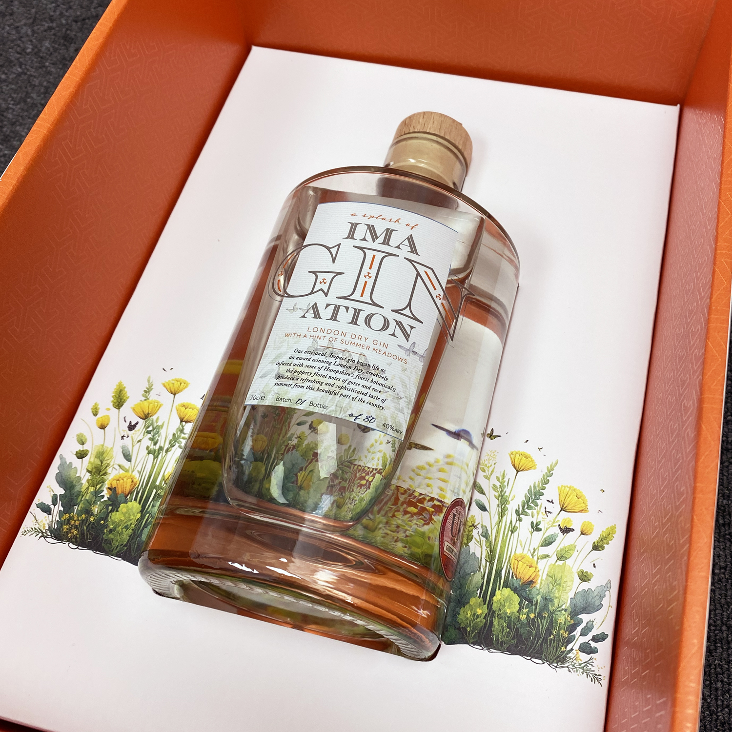 A bottle of ImaGINation in a gift box.