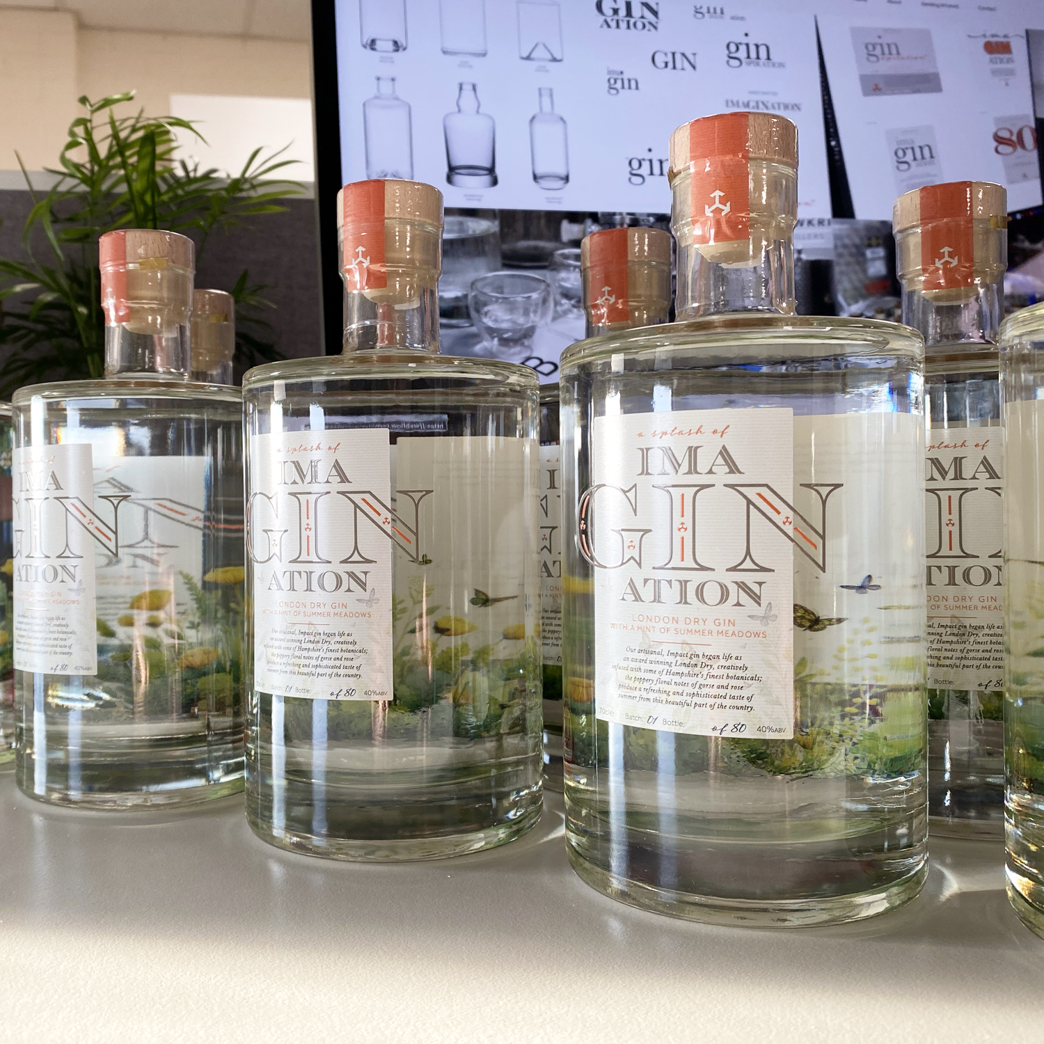 A collection of gin bottles on a desk.