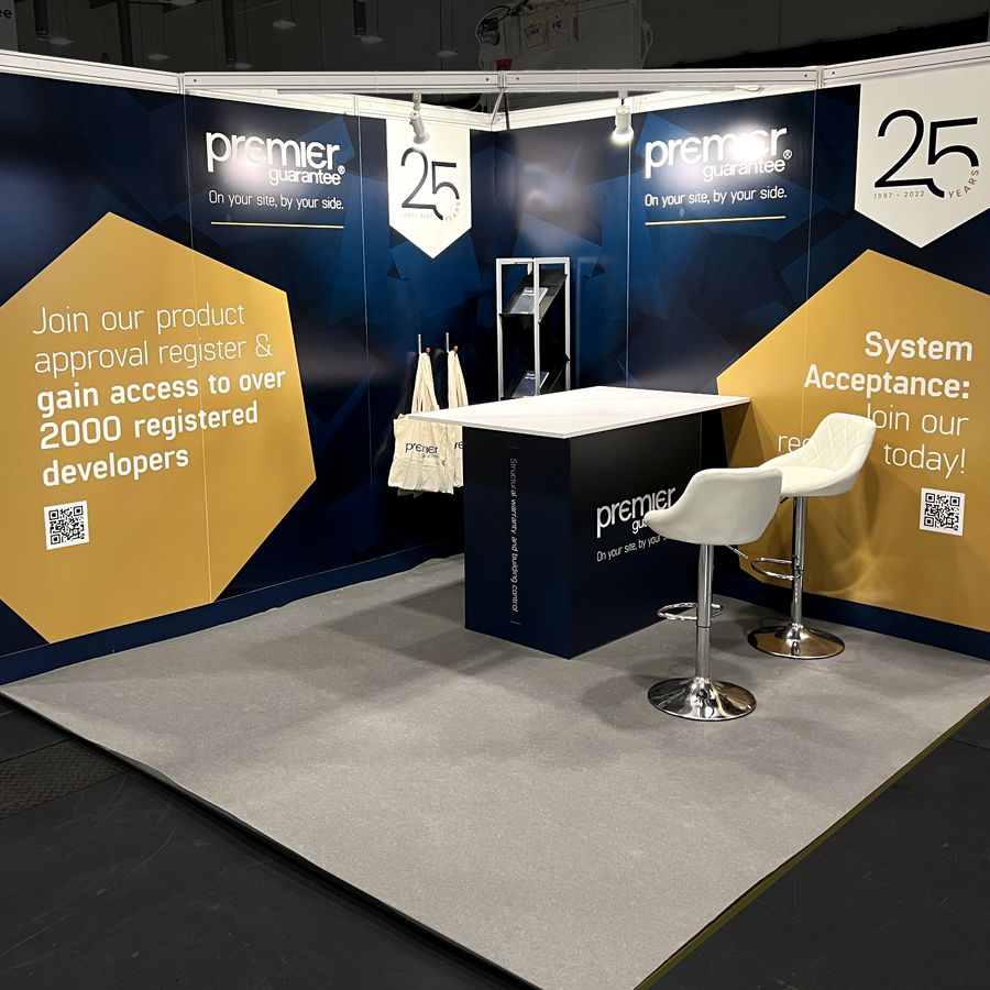 A unique shell scheme design using seamless overskin graphics panels created, printed and installed by Impact Design and Print, exhibition stand builders based in Basingstoke, Hampshire, at Birmingham NEC.