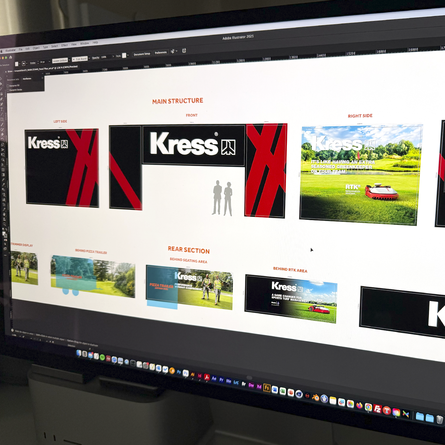 A view of the design process for the large-format exhibition stand graphics ushowing the giant, seamless banner graphics designed by Impact in Basingstoke for one of three exhibition stands for Kress at Groundsfest.