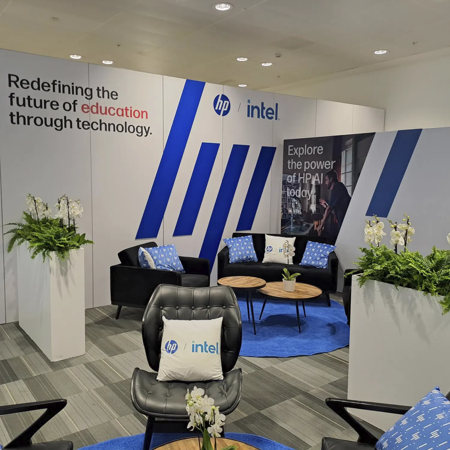 HP exhibition space at BETT 2026 featuring branded graphics, demonstration areas and professional stand installation