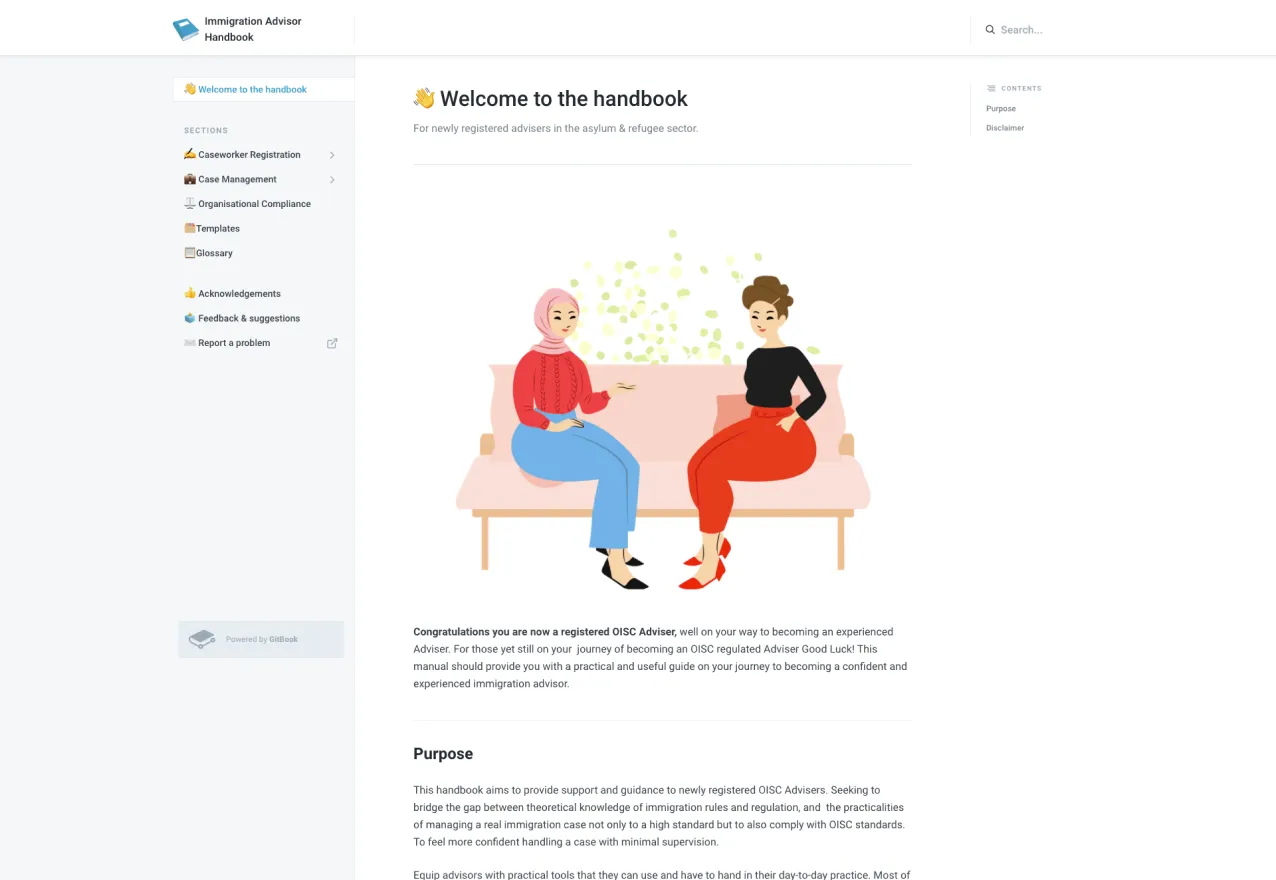 An image of a screenshot of the Immigration Adviser Handbook welcome page.
