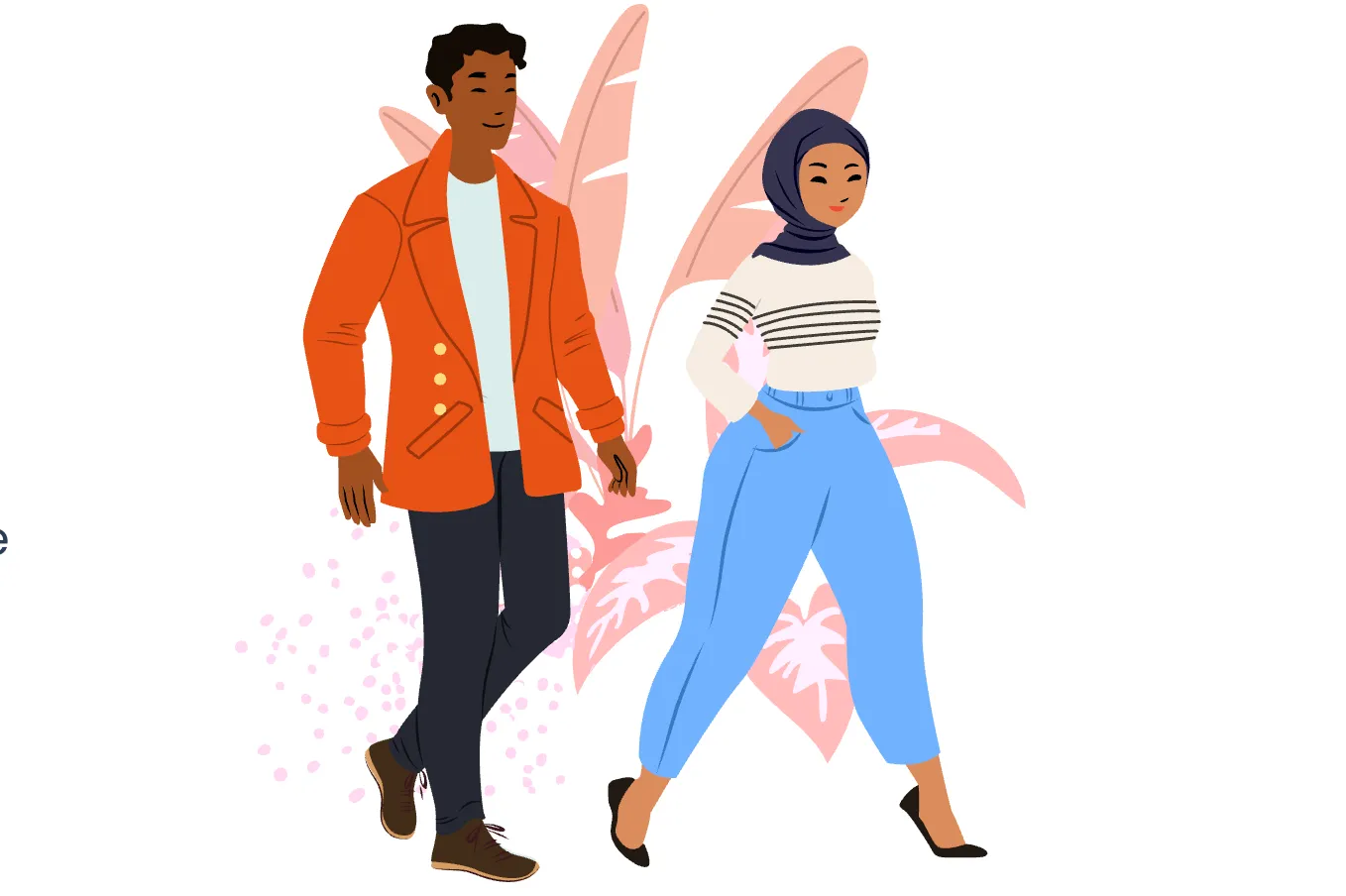 Illustration of a man and a woman walking side by side; the man wears an orange jacket, white shirt, dark pants, and brown shoes, the woman wears a black hijab, white striped sweater, blue pants, and black shoes with one hand in her pocket, with stylized pink leaves in the background.